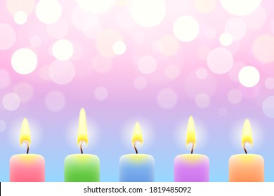 Light festive background with burning colored candles, beautiful bokeh and glow, with place for your text and design, decoration for holiday greetings, birthday congratulations