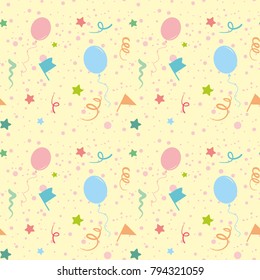Light festive seamless pattern with pink balloons, flags, stars and serpentine. Vector.