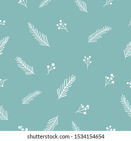 Light fir branches and berries on cold blue-green background. Seamless winter floral pattern. Suitable for packaging, textile, wallpaper.