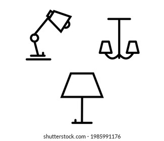 Fijación de luz, lámpara de icono de línea plana. Equipamiento de iluminación interior y exterior - lámparas de araña, apliques murales. Ilustración vectorial, carteles para electricista, interior de tienda.