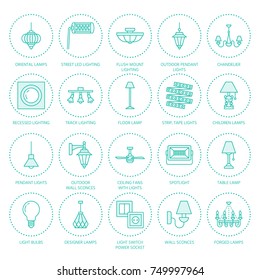 Light fixture flat line icons. Home and outdoor lighting equipment - chandelier, wall sconce, desk lamp, bulb, power socket. Vector illustration, signs for electric, interior store.