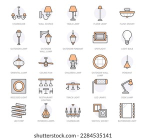 Beleuchtungskörper, flache Leuchtensymbole. Wohnzimmer, Außenbeleuchtung - Kronleuchter, Wandverkleidung, Glühbirne, Stromanschluss. Vektorgrafik, Schilder für elektrische Ladung. Orangefarbene Farbe. Bearbeitbarer Stroke