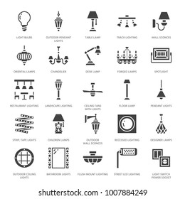 Light Fixture, Lamps Flat Glyph Icons. Home And Outdoor Lighting Equipment - Chandelier, Wall Sconce, Bulb, Power Socket. Vector Illustration, Signs For Electric, Interior Store. Pixel Perfect 64x64.