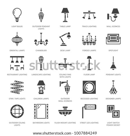 Light fixture, lamps flat glyph icons. Home and outdoor lighting equipment - chandelier, wall sconce, bulb, power socket. Vector illustration, signs for electric, interior store. Pixel perfect 64x64.