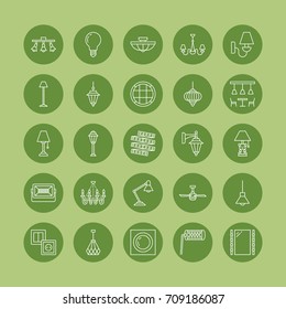 Light fixture, lamps flat line icons. Home and outdoor lighting equipment - chandelier, wall sconce,  bulb, power socket. Vector illustration, signs for electric, interior store