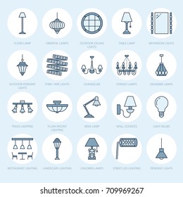 Light Fixture, Lamps Flat Line Icons. Home And Outdoor Lighting Equipment - Chandelier, Wall Sconce, Bulb, Power Socket. Vector Illustration, Signs For Electric, Interior Store.