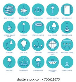 Light Fixture, Lamps Flat Line Icons. Home And Outdoor Lighting Equipment - Chandelier, Wall Sconce, Bulb, Power Socket. Vector Illustration, Signs For Electric, Interior Store.