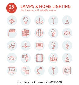 Light Fixture, Lamps Flat Line Icons. Home And Outdoor Lighting Equipment - Chandelier, Wall Sconce, Bulb, Power Socket. Vector Illustration, Signs For Electric, Interior Store.