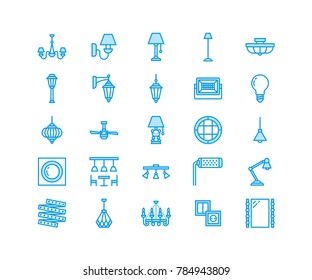 Light Fixture, Lamps Flat Line Icons. Home And Outdoor Lighting Equipment - Chandelier, Wall Sconce, Bulb, Power Socket. Vector Illustration, Signs For Electric, Interior Store. Pixel Perfect 64x64.