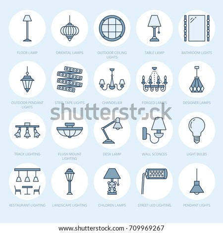 Light fixture, lamps flat line icons. Home and outdoor lighting equipment - chandelier, wall sconce, bulb, power socket. Vector illustration, signs for electric, interior store.