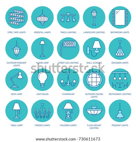 Light fixture, lamps flat line icons. Home and outdoor lighting equipment - chandelier, wall sconce, bulb, power socket. Vector illustration, signs for electric, interior store.