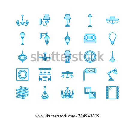 Light fixture, lamps flat line icons. Home and outdoor lighting equipment - chandelier, wall sconce, bulb, power socket. Vector illustration, signs for electric, interior store. Pixel perfect 64x64.