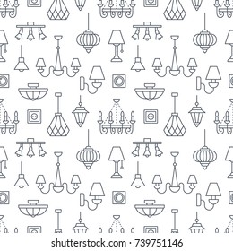 Light fixture, lamps seamless pattern, line illustration. Vector icons of home lighting equipment - chandelier, power socket. Repeated background for interior store black and white.