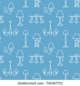 Light fixture, lamps seamless pattern, line illustration. Vector icons of home lighting equipment - chandelier, desk wall lamp. Blue repeated background for interior store.