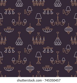 Light fixture, lamps seamless pattern, line illustration. Vector icons of home lighting equipment - chandelier, power socket. Dark repeated background for interior store.