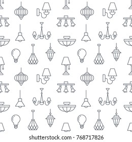 Light fixture, lamps seamless pattern, line illustration. Vector flat icons of home lighting equipment chandelier, bulb. Repeated background for interior store black and white.