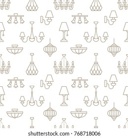 Light fixture, lamps seamless pattern, line illustration. Vector flat icons of home lighting equipment chandelier. Repeated background for interior store beige and white.