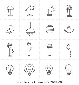 Juego de iconos lineales de fijación de luz. Lámparas y dispositivos de alumbrado. Iconos simples y delineados. Estilo lineal