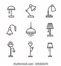 Light Fixture Linear Icon Set. Lamps And Lighting Devices. Simple Outlined Icons. Linear Style