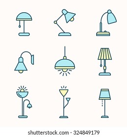 Light fixtures icon set. Lamps, chandeliers and other lighting devices. Linear material design style