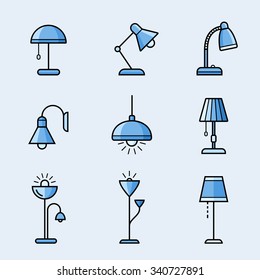 Light fixtures icon set. Lamps, chandeliers and other lighting devices. Material design style