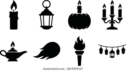 Light and Flame Icon Set with Candle, Lantern, Pumpkin Candle, Candelabra, Oil Lamp, Fire, Torch, and String Lights
