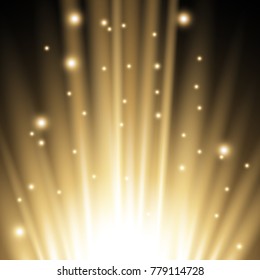 Light flare from below with sparkles on black background, light effect, golden color