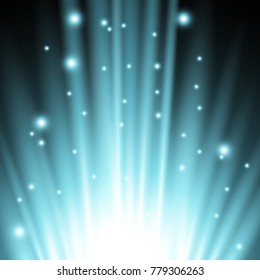 Light flare from below with sparkles on black background, light effect, aqua color