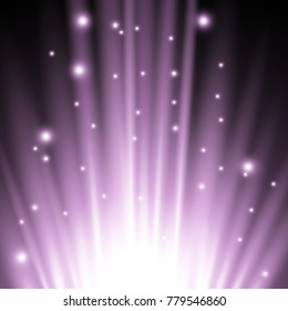 Light flare from below with sparkles on black background, light effect, purple color