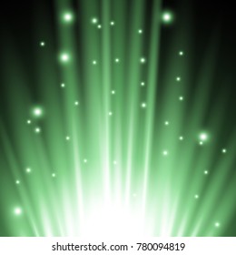 Light flare from below with sparkles on black background, light effect, green color