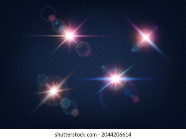 Light flare bright colorful effect on blue background. Optical lens glowing flashlight set. Glowing camera flash realistic sparkles. Vector illustration