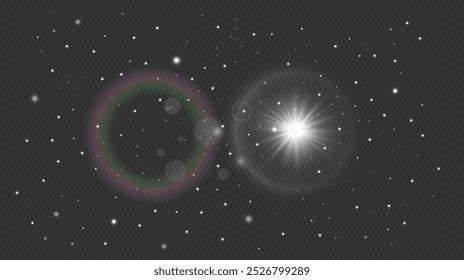 Light flare Effect Bright warm sun and lens flare, Vector Sunlight with sunshine glare rays. Nature spring landscape, bright Boken sparkle overlay