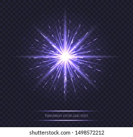 Light flare effect isolated on transparent background. Violet lens flare, sparkles, shining star with rays concept. Abstract luminous explosion.