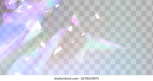 Superposición de efecto de destellos de luz sobre fondo transparente. Vector ilustración realista de la refracción de la luz del sol en la superficie del vidrio o del diamante, brillo de la lente del color del arco iris, rayos iridiscentes brillantes del espectro