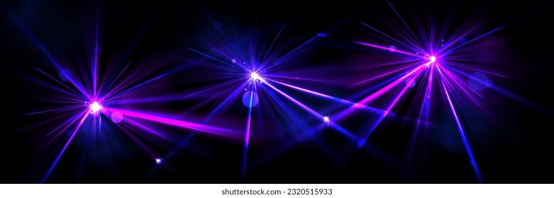 Light flare effects of star flash, burst or laser. Abstract purple glow, bright glares with beams of neon spotlight, projector or laser isolated on black background, vector realistic set