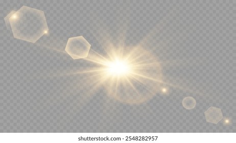 Light flare, Glowing light explodes. Light ray. shining sun, bright flash. Special lens flare light effect.  Stock royalty free vector illustration. PNG
