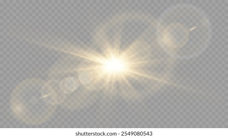 Light flare, Glowing light explodes. Light ray. shining sun, bright flash. Special lens flare light effect.  Stock royalty free vector illustration. PNG
