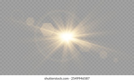 Light flare, Glowing light explodes. Light ray. shining sun, bright flash. Special lens flare light effect.  Stock royalty free vector illustration. PNG
