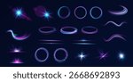 Light flare glows with neon sparkle and white beam across abstract background creating shiny vector effect and vibrant motion