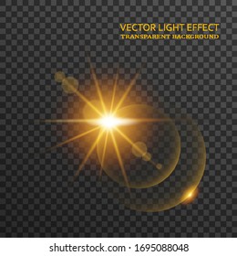 Light flare in golden color isolated on transparent background. Sun ray, glowing star, sparkle with glow effect, vector illustration