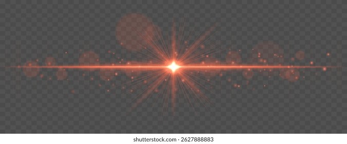 Light flare with horizontal glow rays and soft bokeh sparkles on transparent background. Elegant vector effect for festive, cinematic, or digital design.