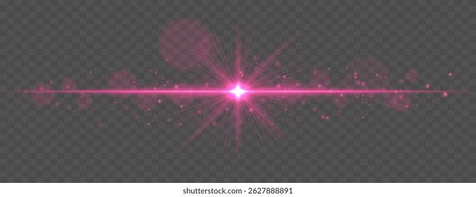 Light flare with horizontal glow rays and soft bokeh sparkles on transparent background. Elegant vector effect for festive, cinematic, or digital design.
