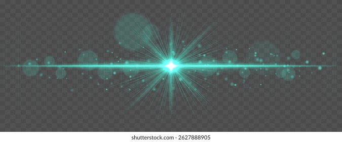 Light flare with horizontal glow rays and soft bokeh sparkles on transparent background. Elegant vector effect for festive, cinematic, or digital design.