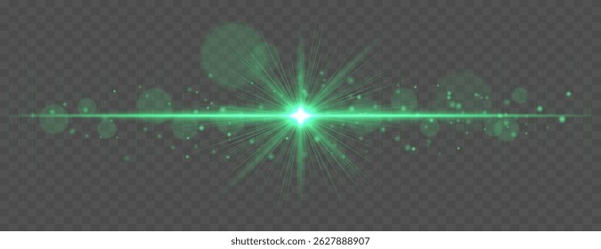 Clarão com raios de brilho horizontais e brilhos de bokeh macios no fundo transparente. Elegante efeito vetorial para design festivo, cinematográfico ou digital.