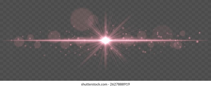 Bengala ligera con rayos brillantes Horizontales y destellos bokeh suaves sobre fondo transparente. Efecto de Vector elegante para un diseño festivo, cinematográfico o digital.