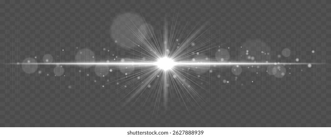 Bengala ligera con rayos brillantes Horizontales y destellos bokeh suaves sobre fondo transparente. Efecto de Vector elegante para un diseño festivo, cinematográfico o digital.