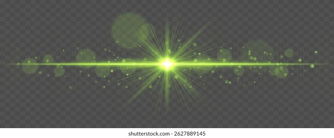Light flare with horizontal glow rays and soft bokeh sparkles on transparent background. Elegant vector effect for festive, cinematic, or digital design.