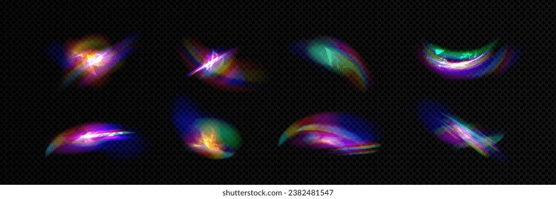 Light flare with Iridescent shining overlay effect. Realistic vector of holographic refraction of sun beams through glass or diamond. Rainbow spectrum impact of rays passing through prism or jewelry.
