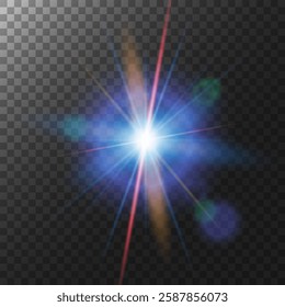 A light flare with a lens flare effect. A bright abstract illustration of a light flare with the effect of rays, radiance and transparent circular reflections.  Vector illustration