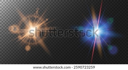 A light flare with a lens flare effect. A bright abstract illustration of a light flare with the effect of rays, radiance and transparent circular reflections.  Vector illustration
